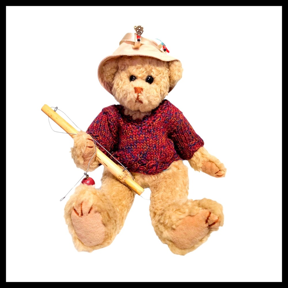 Fishing Bear Plush Toy Collectible Fisherman Teddy Bear with Hat and Rod